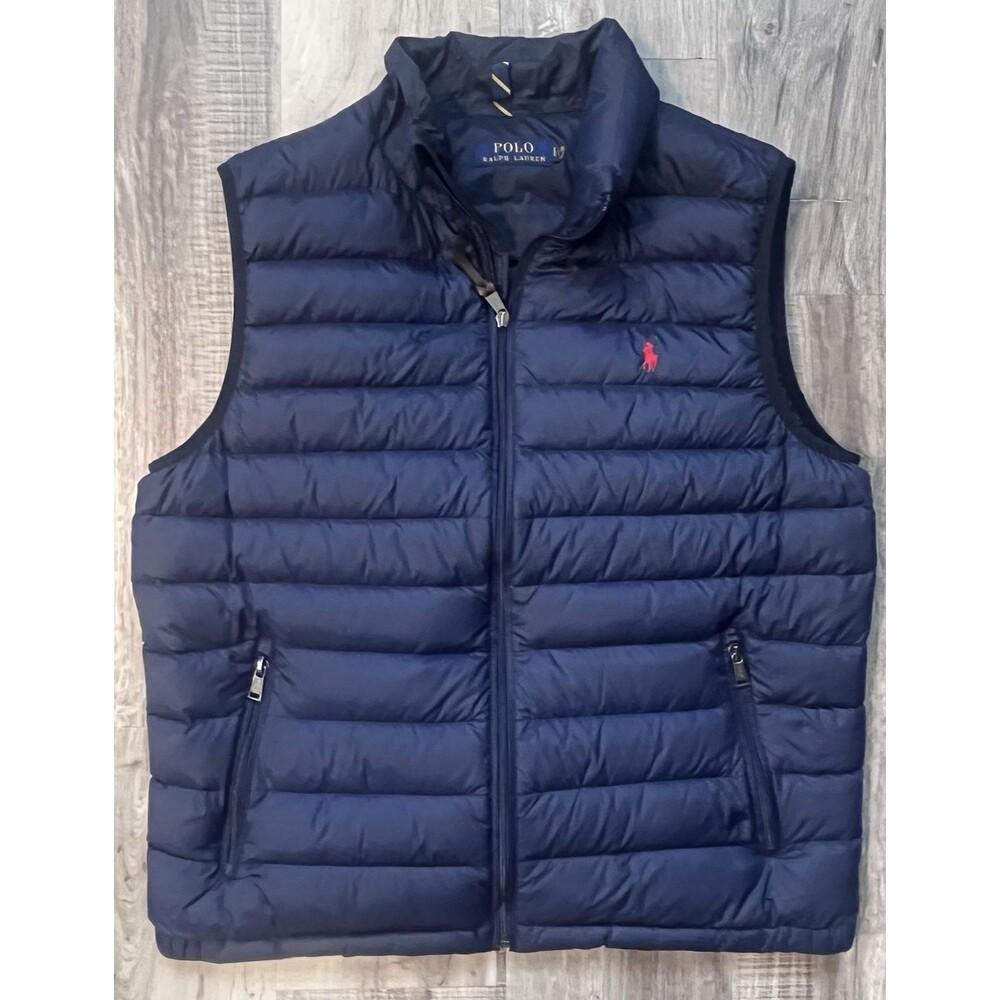 Polo Ralph Lauren Mens Size Large Down Fill Puffer Vest Blue Red Pony Logo